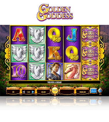 Pantallazo de la tragaperras Golden Goddess. Se muestran los 5 tambores de la slot llenos de los símbolos característicos. como el wild que ocupa uno de los carretes. Además, también se pueden ver los símbolos de la paloma blanca, el héroe y pegaso.